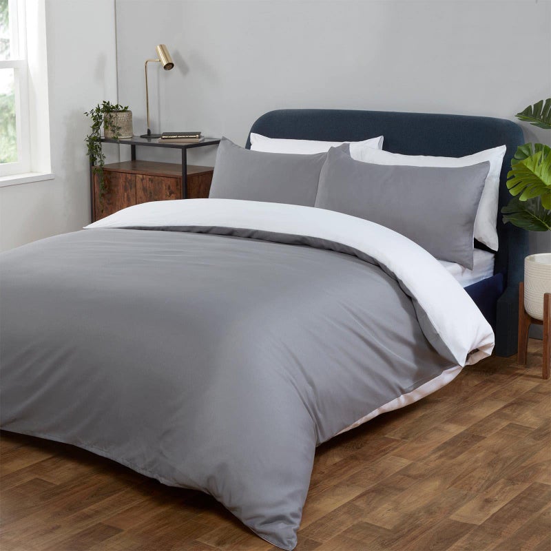 Brentfords Single Duvet Cover Set Super Soft Warm Luxurious Plain Dyed Reversible Single Quilt Cover Set Microfibre Bedding with Pillowcase GreyWhite