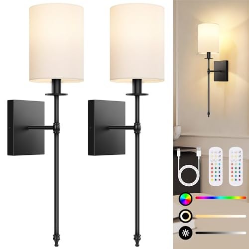 Bosceos Black Battery Operated Wall Sconces Set of 2 Rechargeable Wireless Wall Lights with Remote White Fabric Shade Indoor Not Hardwired Dimmable Wall Lamps for Bedroom 2 Bulbs Included24 Inch - Image 1