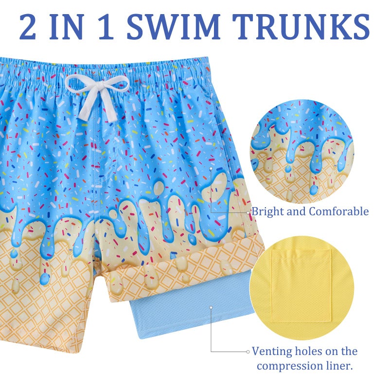 westwolf Boys Swim Shorts with Compression Liner Kid Yellow Waffle Swim Trunks for Little Boys Blue Ice Cream Bathing Suits Basketball Quick Dry Shorts 6T 7T - Image 4