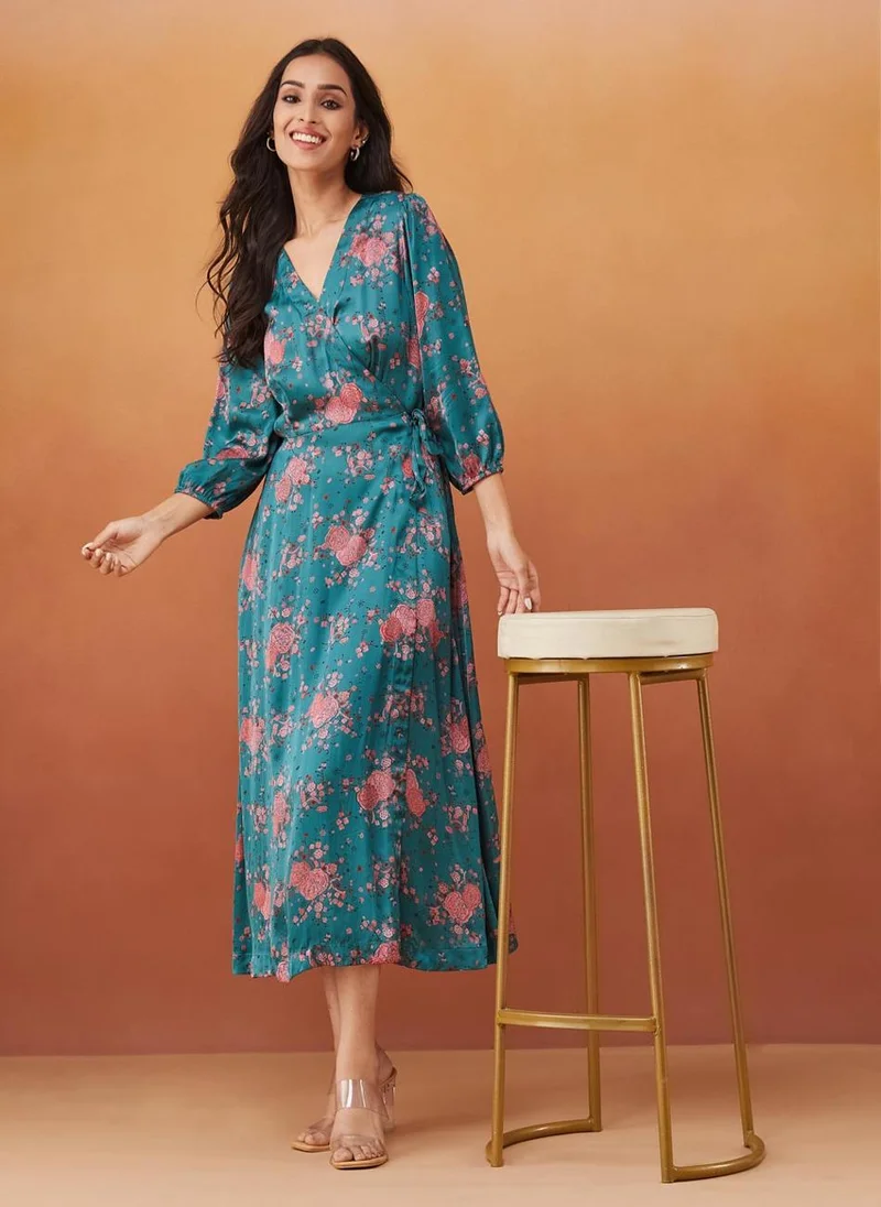 Fabindia Green Rayon Blend Hand Block Printed Midi Dress