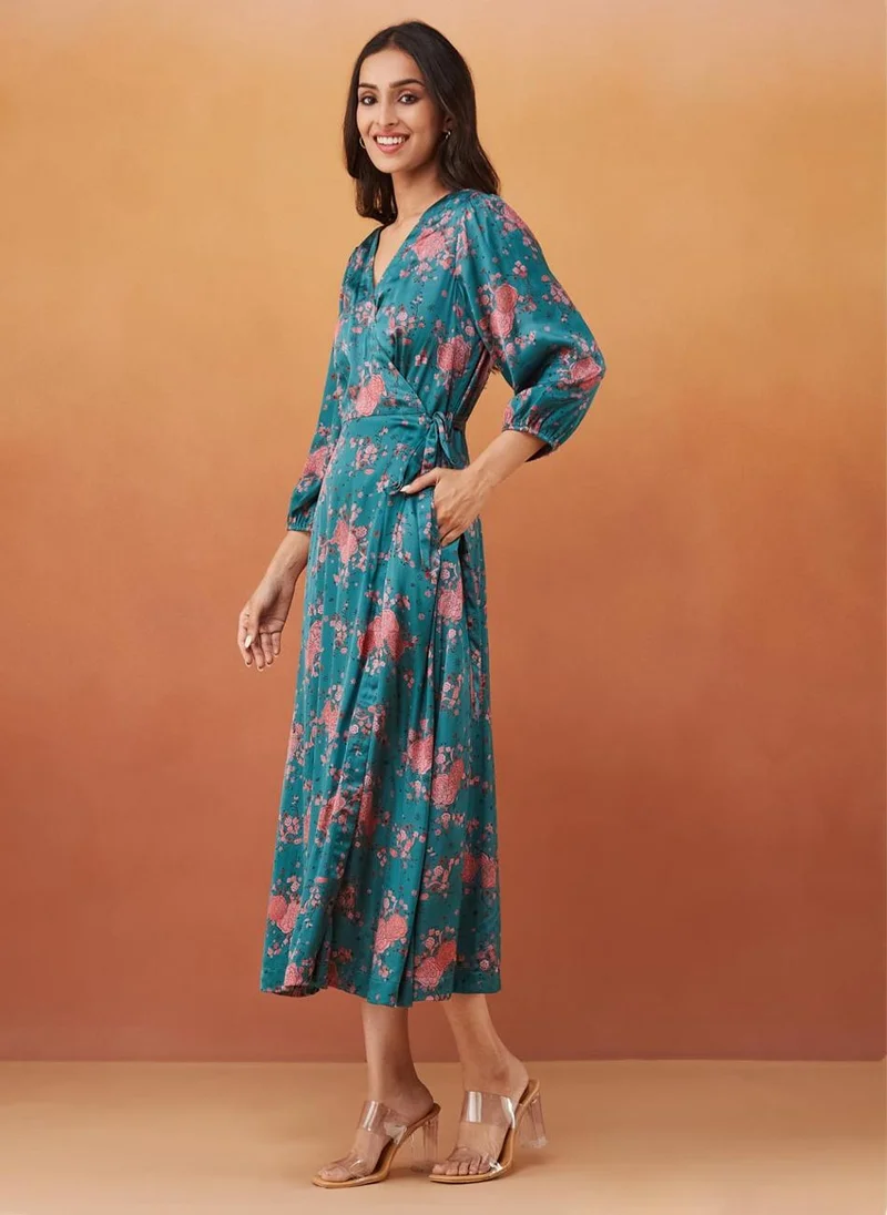 Fabindia Green Rayon Blend Hand Block Printed Midi Dress