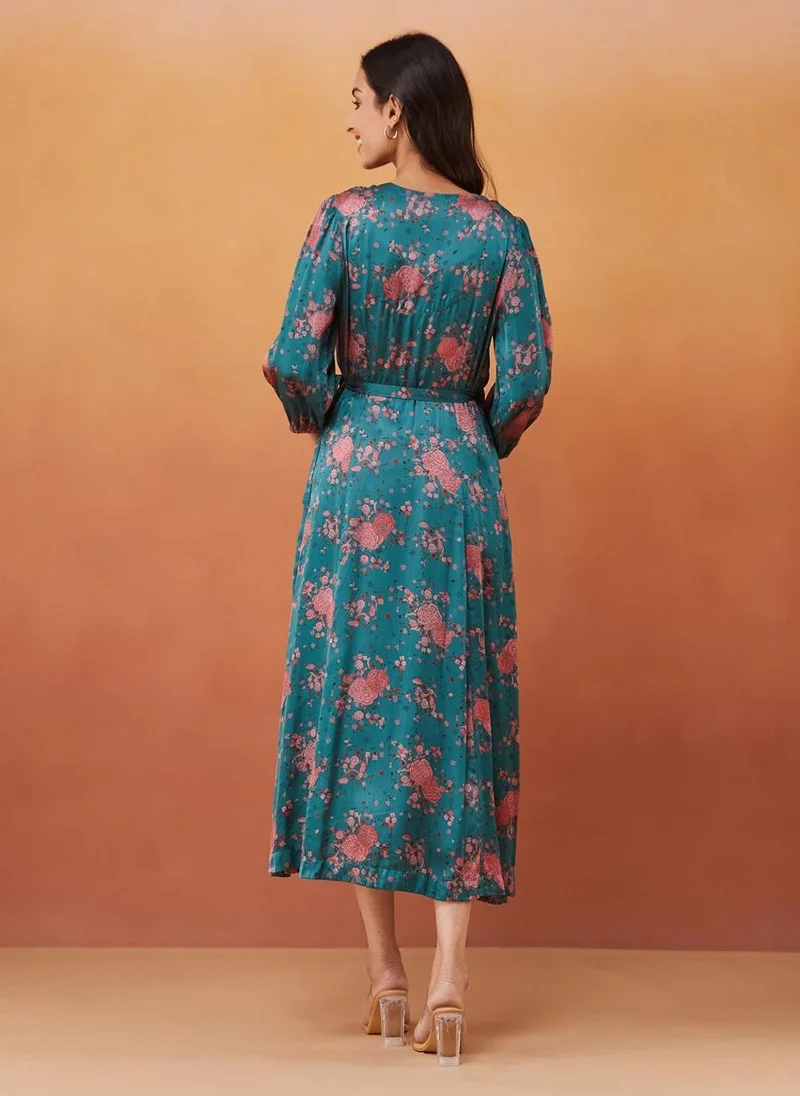 Fabindia Green Rayon Blend Hand Block Printed Midi Dress