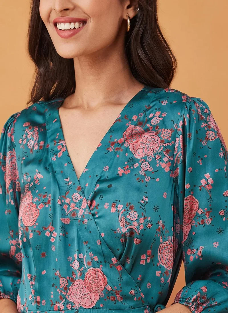 Fabindia Green Rayon Blend Hand Block Printed Midi Dress