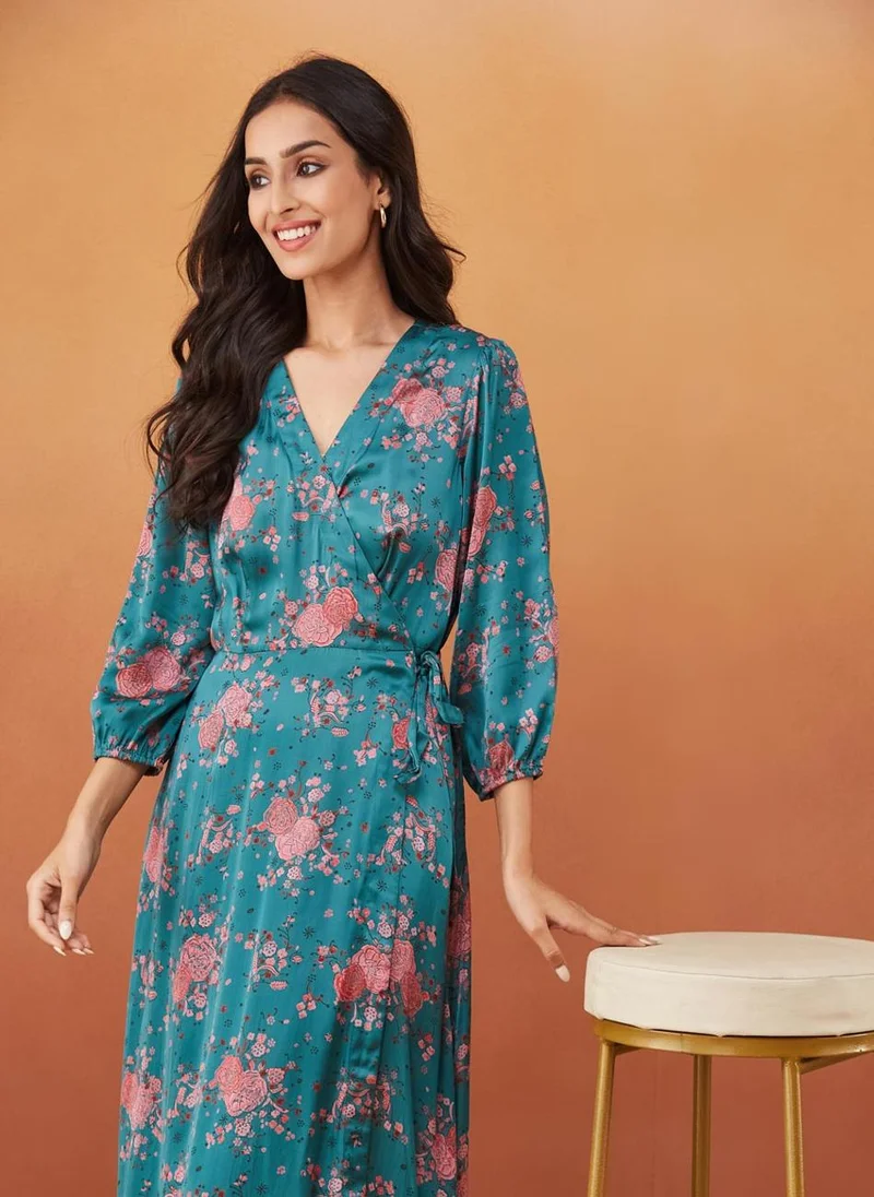 Fabindia Green Rayon Blend Hand Block Printed Midi Dress