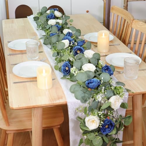 TOCHGREEN 4 Pack Artificial Eucalyptus Flower Garland with White and Blue Roses, Fake Rose Flower Greenery Garland Floral Vines for Wedding Home Party Table Runner Decor (Blue White, 4PCS) - Image 5