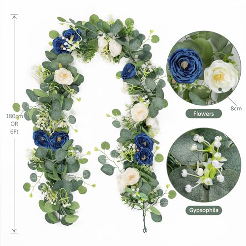 TOCHGREEN 4 Pack Artificial Eucalyptus Flower Garland with White and Blue Roses, Fake Rose Flower Greenery Garland Floral Vines for Wedding Home Party Table Runner Decor (Blue White, 4PCS) - Image 3