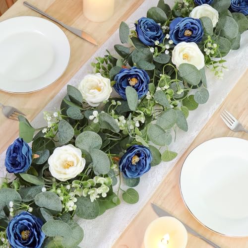 TOCHGREEN 4 Pack Artificial Eucalyptus Flower Garland with White and Blue Roses, Fake Rose Flower Greenery Garland Floral Vines for Wedding Home Party Table Runner Decor (Blue White, 4PCS) - Image 2