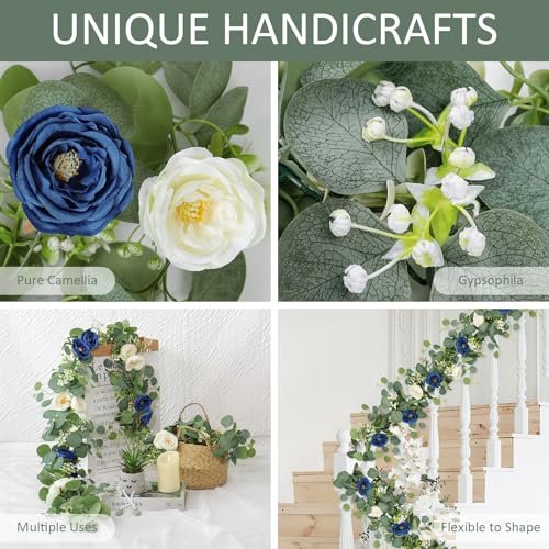 TOCHGREEN 4 Pack Artificial Eucalyptus Flower Garland with White and Blue Roses, Fake Rose Flower Greenery Garland Floral Vines for Wedding Home Party Table Runner Decor (Blue White, 4PCS) - Image 4