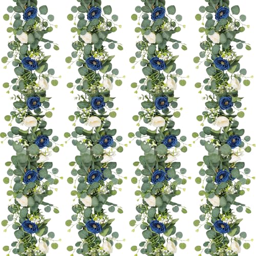 TOCHGREEN 4 Pack Artificial Eucalyptus Flower Garland with White and Blue Roses, Fake Rose Flower Greenery Garland Floral Vines for Wedding Home Party Table Runner Decor (Blue White, 4PCS) - Image 1