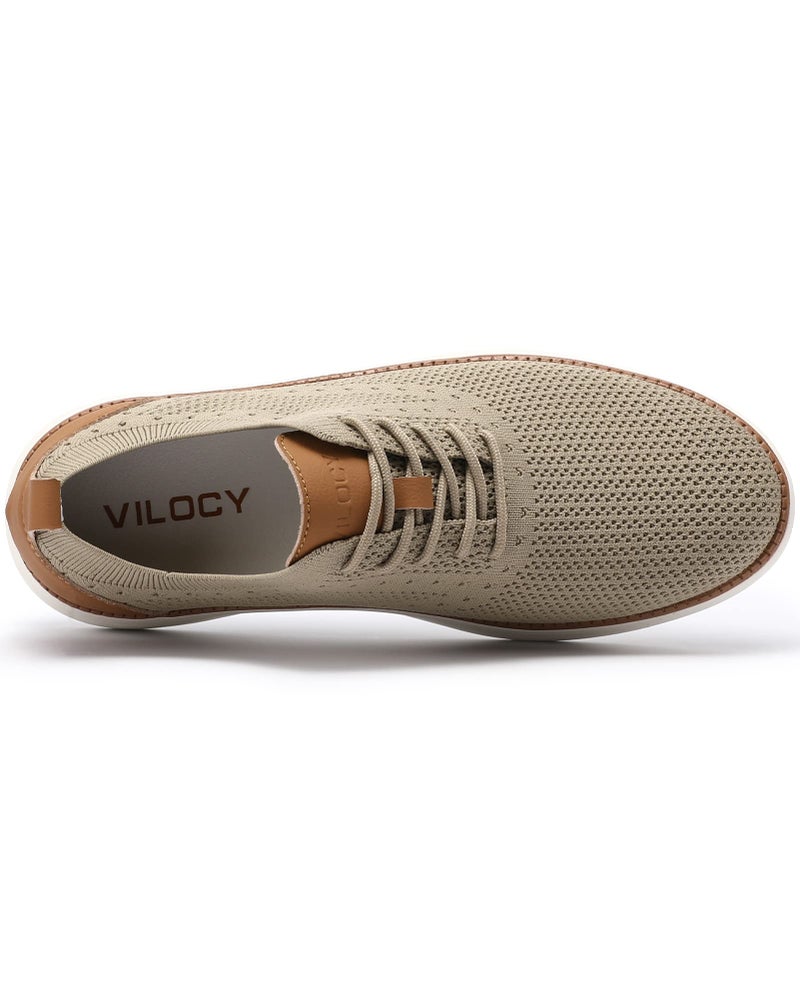 VILOCY Men's Casual Dress Sneakers Oxfords Business Shoes Lace Up Lightweight Comfortable Breathable Walking Knit Mesh Fashion Sneakers Tennis Khaki,EU41 - Image 3