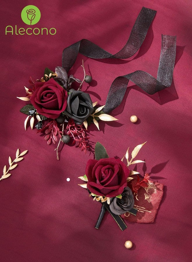 Alecono Burgundy Corsage and Boutonniere Set, Red and Black Rose Corsage Wristlet and Boutonniere for Wedding Prom Flower Accessories Suit Decorations - Image 3
