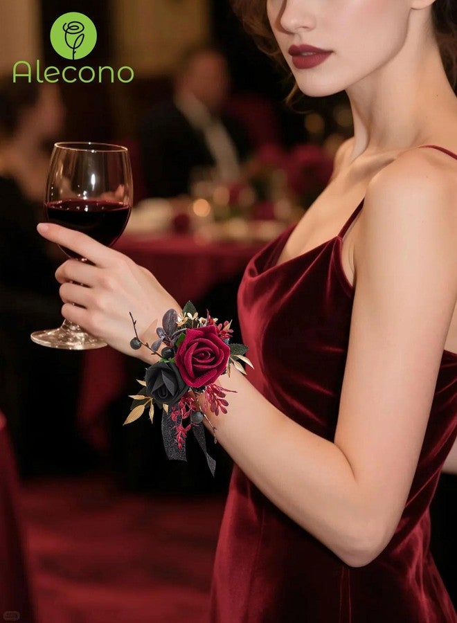 Alecono Burgundy Corsage and Boutonniere Set, Red and Black Rose Corsage Wristlet and Boutonniere for Wedding Prom Flower Accessories Suit Decorations - Image 4