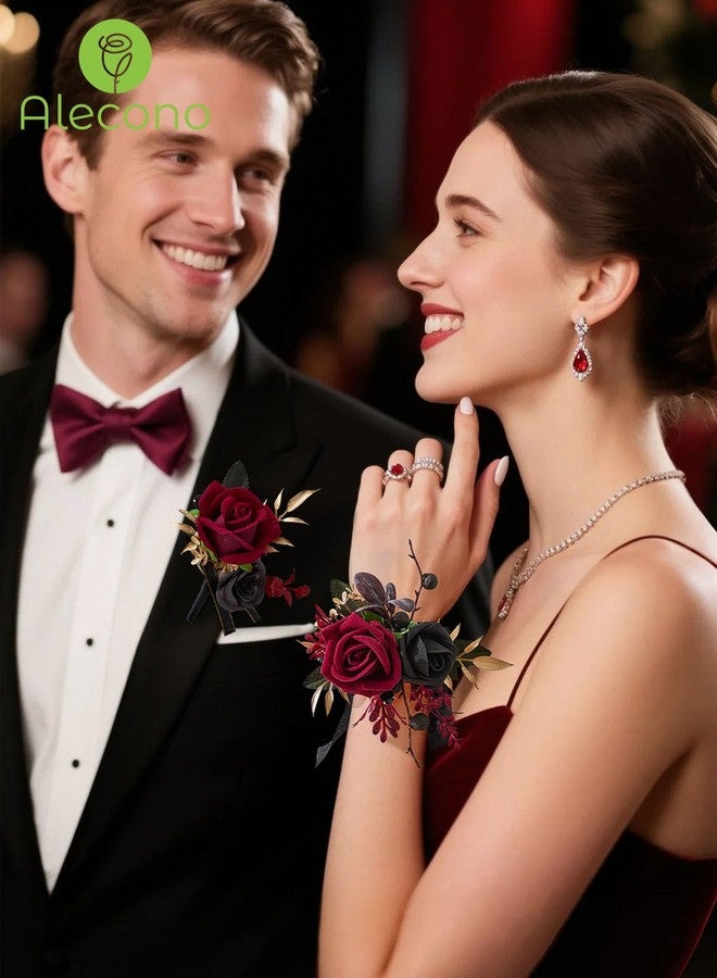 Alecono Burgundy Corsage and Boutonniere Set, Red and Black Rose Corsage Wristlet and Boutonniere for Wedding Prom Flower Accessories Suit Decorations - Image 2