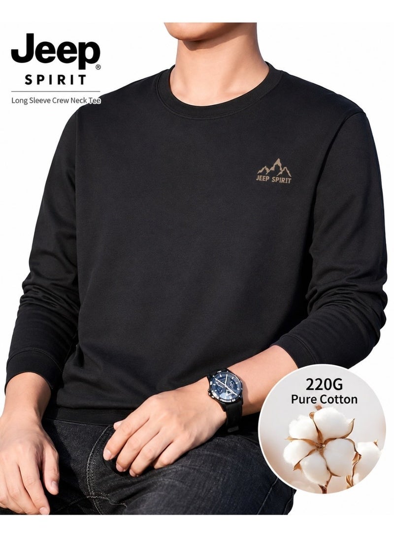JD Jing Zao JEEP SPIRIT Heavyweight Pure Cotton Undershirt for Men, Spring Season, 220G Breathable Skin-Friendly Long-Sleeve T-Shirt, Men's Round Neck Loose Top - Image 4