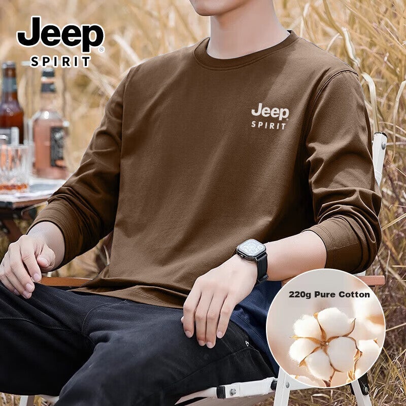 JD Jing Zao JEEP SPIRIT Heavyweight Pure Cotton Undershirt for Men, Spring Season, 220G Breathable Skin-Friendly Long-Sleeve T-Shirt, Men's Round Neck Loose Top - Image 3