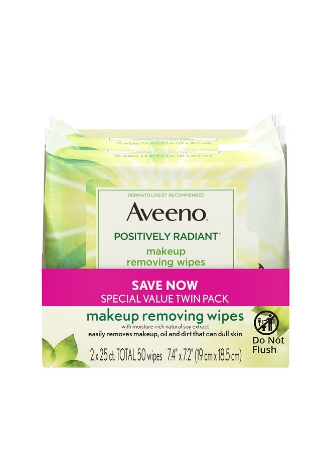 Aveeno مناديل إزالة المكياج خالية من الزيت بتركيبة مشعة لتحسين لون البشرة وملمسها مع مستخلص الصويا الغني بالمرطبات - عبوة مزدوجة 2 × 25 قطعة - Image 2