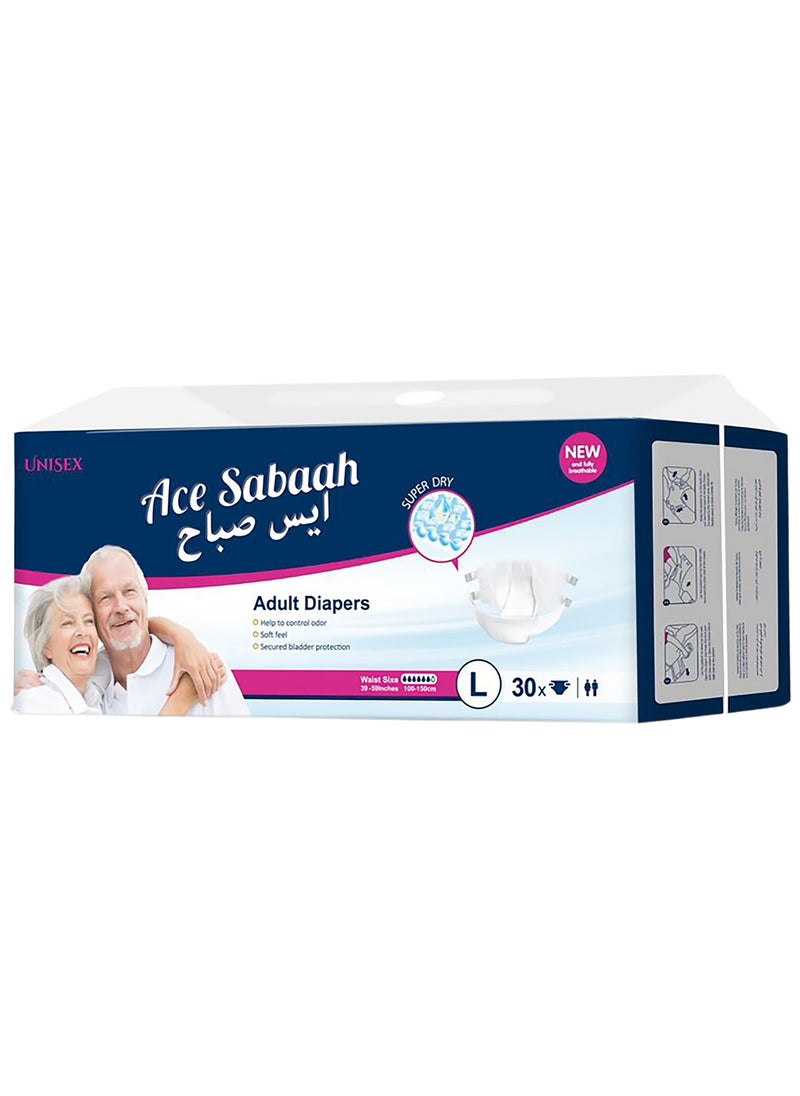 Ace Sabaah - Ace Sabaah Super Dry Adult Diapers, Size Large, Soft Feel, Pack of 30, Waist Size 39-59 Inches, 100-150cm - Image 1