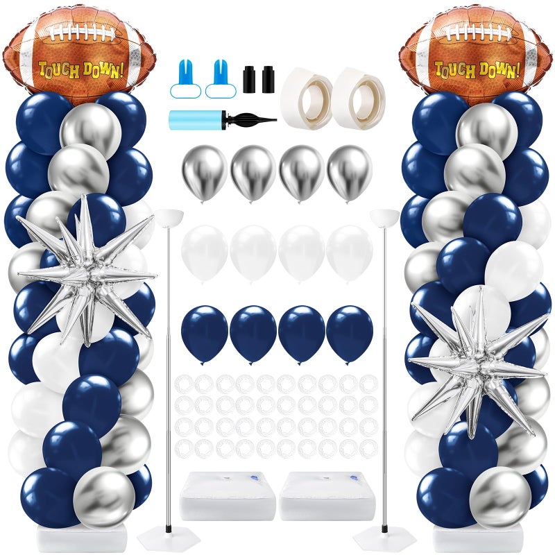 Kasyat 2 Sets Cowboys Football Balloon Column Stand Kit with 4d Football, 100 Latex Navy Blue White and Silver Balloons Arch Garland for Rugby Party Baby Shower Birthday Sport Theme Decorations - Image 1