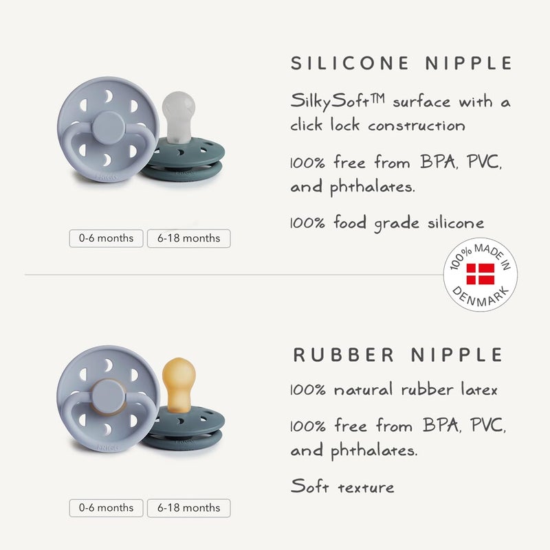FRIGG Moon Natural Rubber Baby Pacifier | Made in Denmark | BPA-Free (Sage/Portobello, 0-6 Months) 2-Pack - Image 3