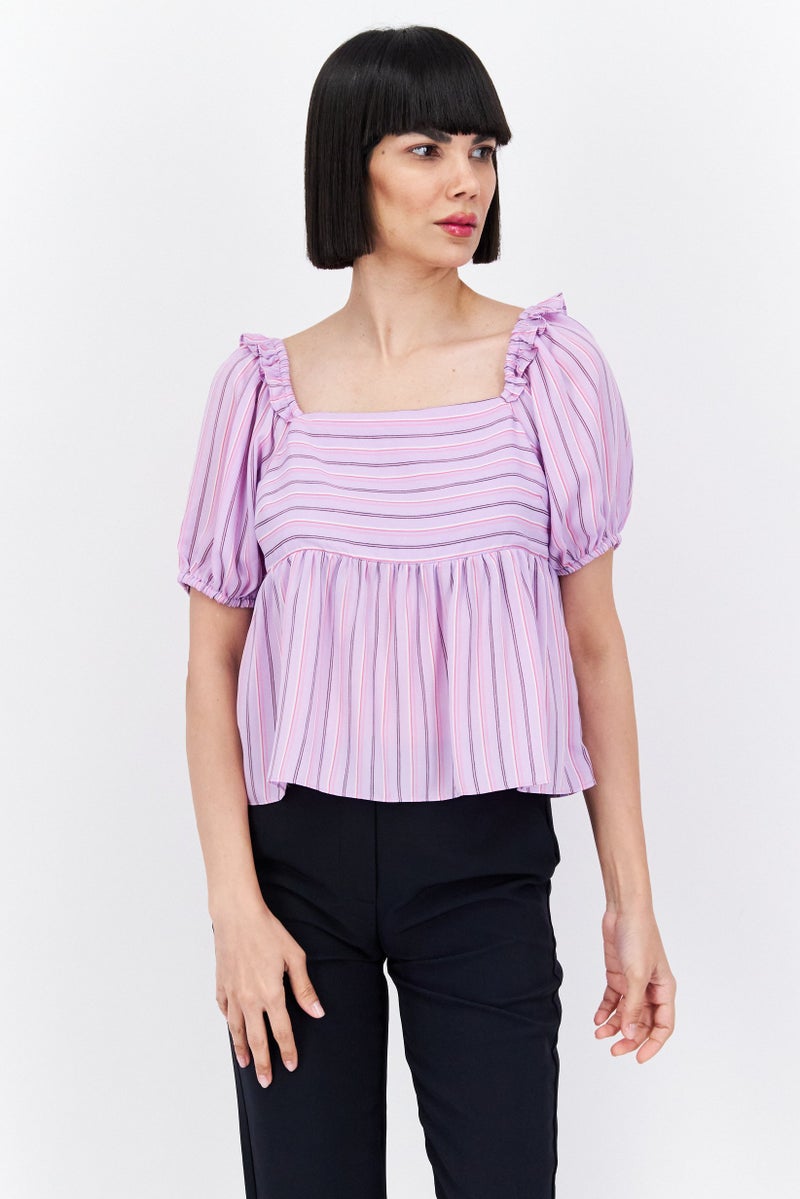 Riley & Rae Women Square Neck Puffed Sleeves Stripe Print Top, Lavender Combo - Image 1