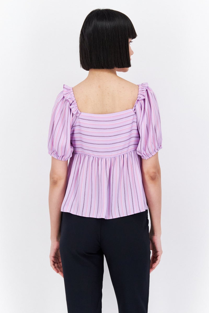 Riley & Rae Women Square Neck Puffed Sleeves Stripe Print Top, Lavender Combo - Image 3