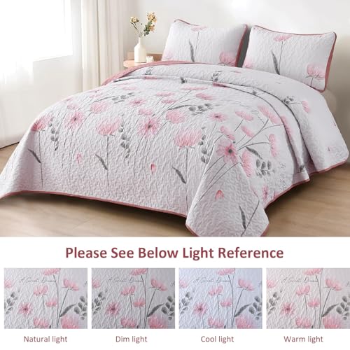 Dinjoy Floral Quilt Set Queen,Pink Bedspread Queen Size 3 Pieces Lightweight Farmhouse Bedding Set Cute Quilts Soft Flower Bedspreads White Coverlet Sets for Girls Women Fall - Image 4