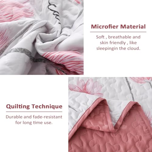 Dinjoy Floral Quilt Set Queen,Pink Bedspread Queen Size 3 Pieces Lightweight Farmhouse Bedding Set Cute Quilts Soft Flower Bedspreads White Coverlet Sets for Girls Women Fall - Image 5
