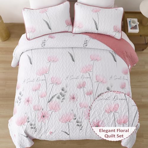 Dinjoy Floral Quilt Set Queen,Pink Bedspread Queen Size 3 Pieces Lightweight Farmhouse Bedding Set Cute Quilts Soft Flower Bedspreads White Coverlet Sets for Girls Women Fall - Image 2