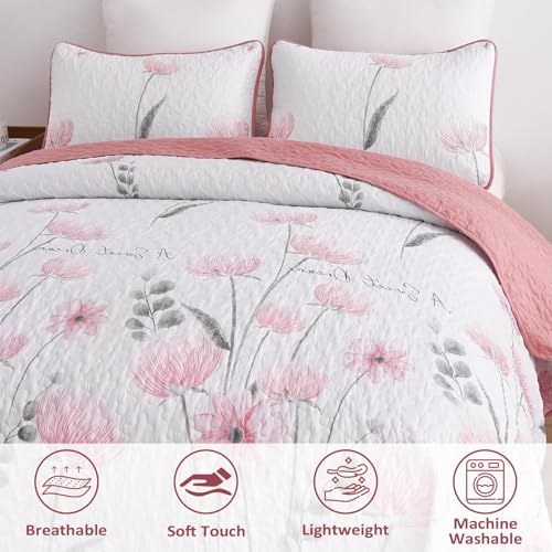 Dinjoy Floral Quilt Set Queen,Pink Bedspread Queen Size 3 Pieces Lightweight Farmhouse Bedding Set Cute Quilts Soft Flower Bedspreads White Coverlet Sets for Girls Women Fall - Image 3