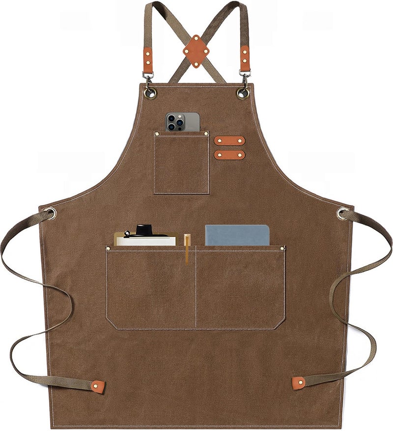 AFUN Chef Aprons for Men Women with Large Pockets Cotton Canvas Cross Back Heavy Duty Adjustable Work Apron Size M to XXL Brown