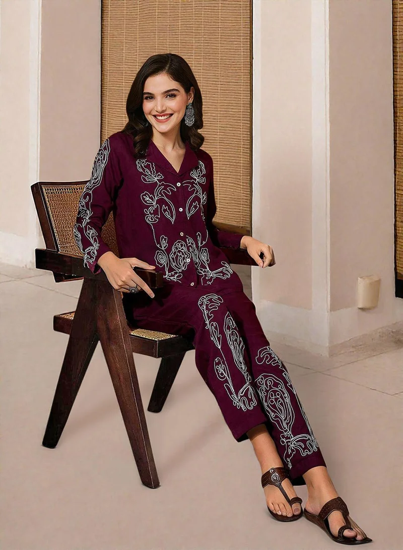 Women's Maroon Rayon Printed Tunic Full Length Palazzo Straight Fit Co-Ords