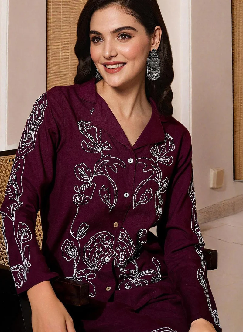 ISHIN Women's Maroon Rayon Printed Tunic Full Length Palazzo Straight Fit Co-Ords