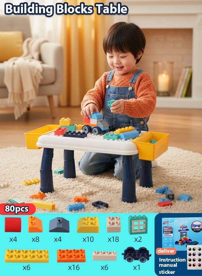 Kids Building Block Table - 80-Piece Medium Soft Rubber Stacking Blocks Set, Non-Toxic & Safe, Compatible with LEGO Bricks, Educational for Toddlers & Kids, Perfect for Baby’s Teething Stage, Multi-Functional Activity Table for Ages 1+ - Image 1