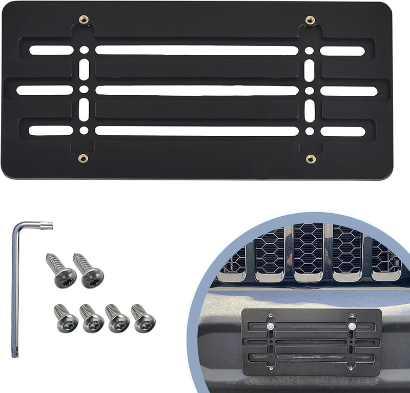 Front Bumper License Plate Bracket for Jeep 20002025 Plate Holder Set w 6 Unique Screw Bolts Wrench Kit License Tag Mounting Kit Quality Plate Holders Premium Car Accessories