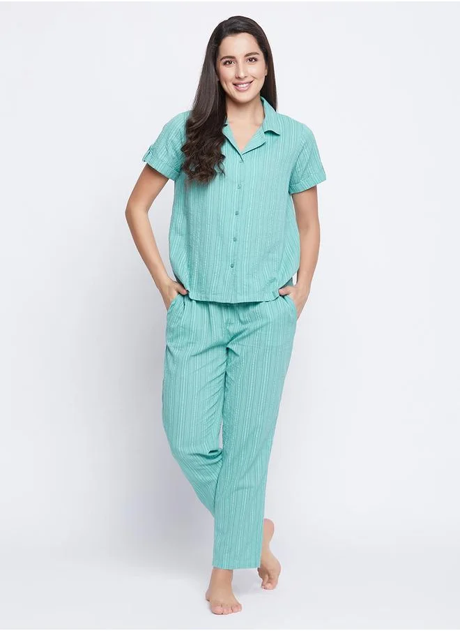 Clovia Clovia Striped Button Down Shirt and Pyjama Set