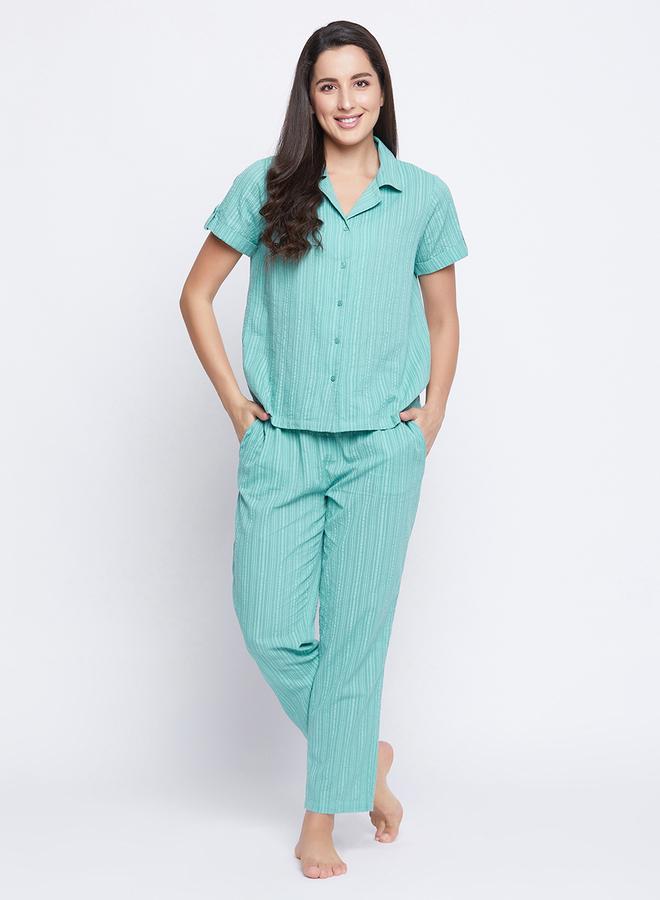 Clovia Striped Button Down Shirt and Pyjama Set - Image 1
