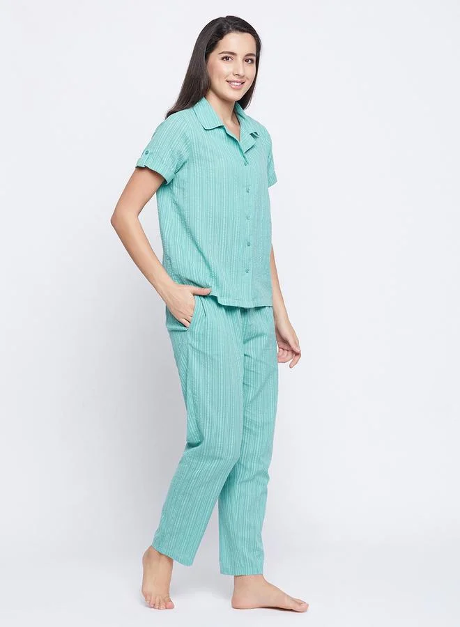 Clovia Clovia Striped Button Down Shirt and Pyjama Set
