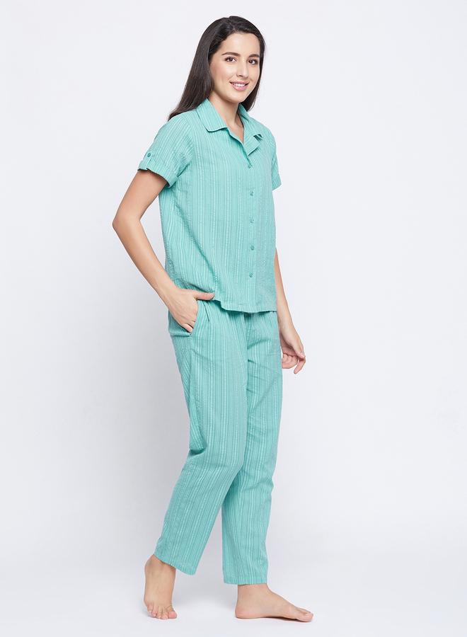 Clovia Striped Button Down Shirt and Pyjama Set - Image 3