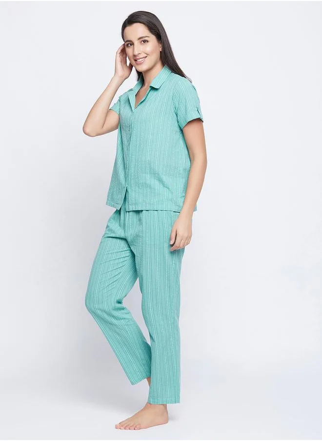 Clovia Clovia Striped Button Down Shirt and Pyjama Set