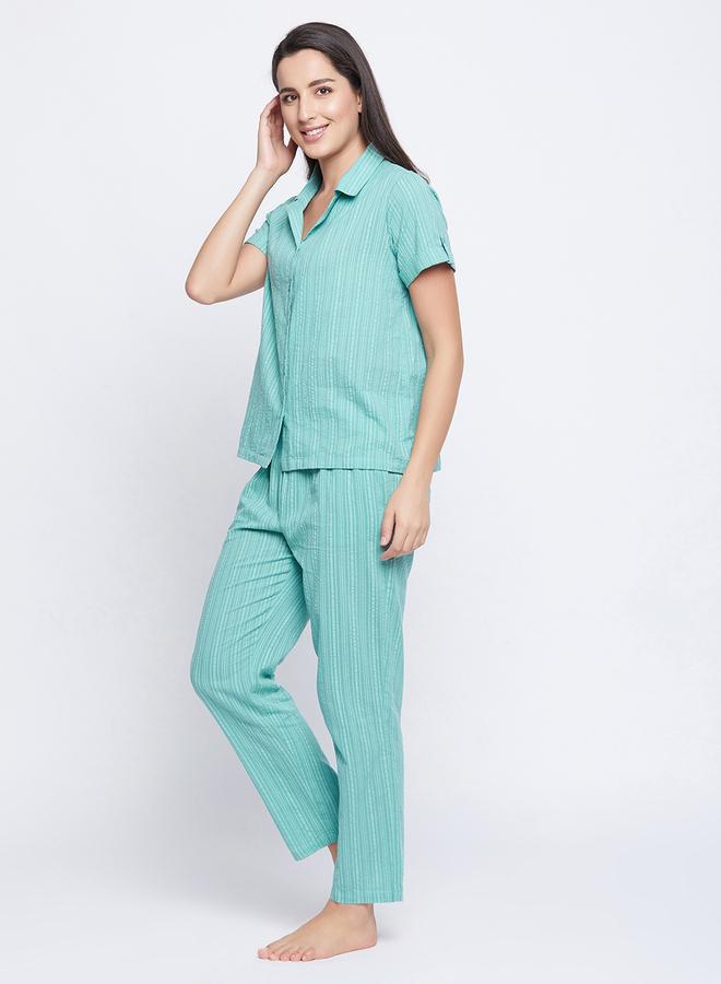 Clovia Striped Button Down Shirt and Pyjama Set - Image 2
