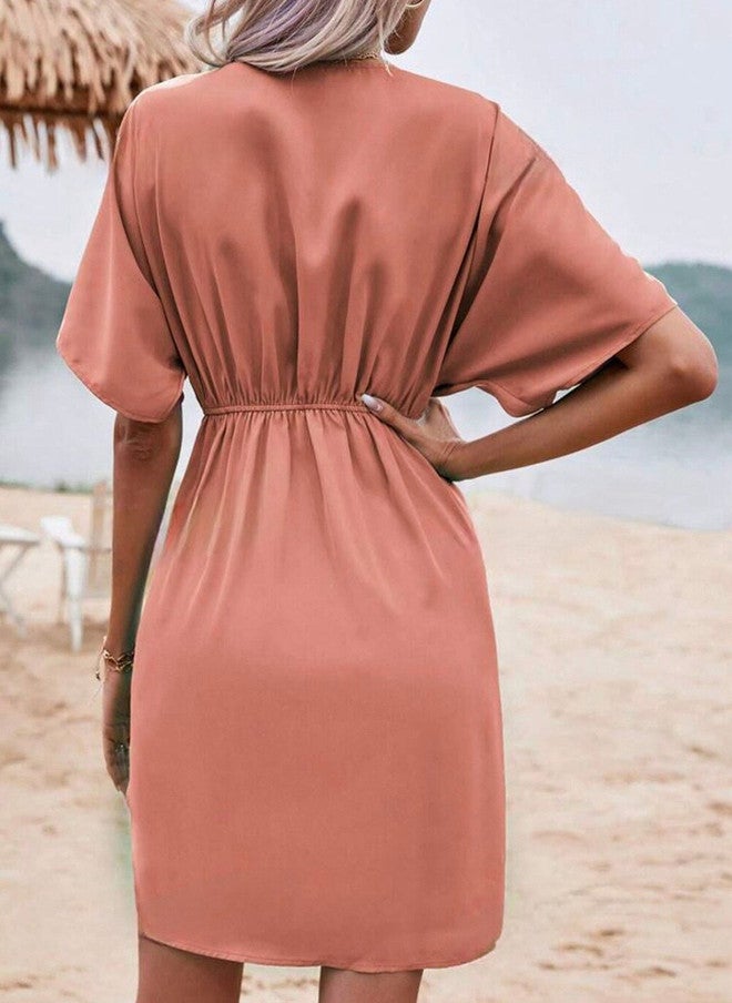 YUNIQEE Rust Solid Short Sleeve Kaftan Dress for Women - Image 3