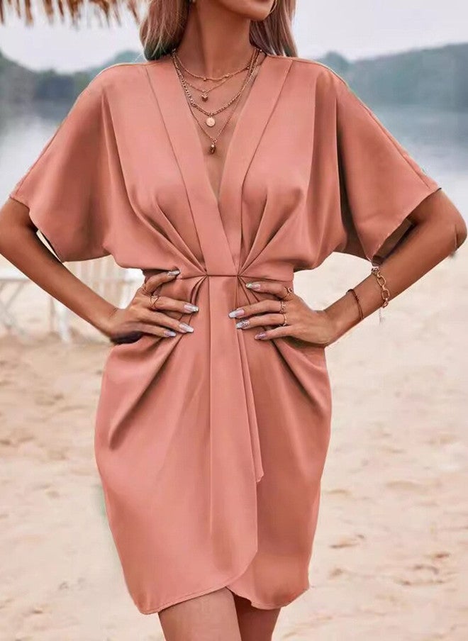 YUNIQEE Rust Solid Short Sleeve Kaftan Dress for Women - Image 1
