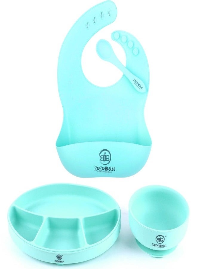 ZoZoBaa Silicone Feeding Set Including Bib, Spoon, Suction Base Oval Plate, Suction Base Bowl, | First Stage Feeding Set for BLW Training |BPA Free, Food Grade, Pack of 4, [Green] - Image 1