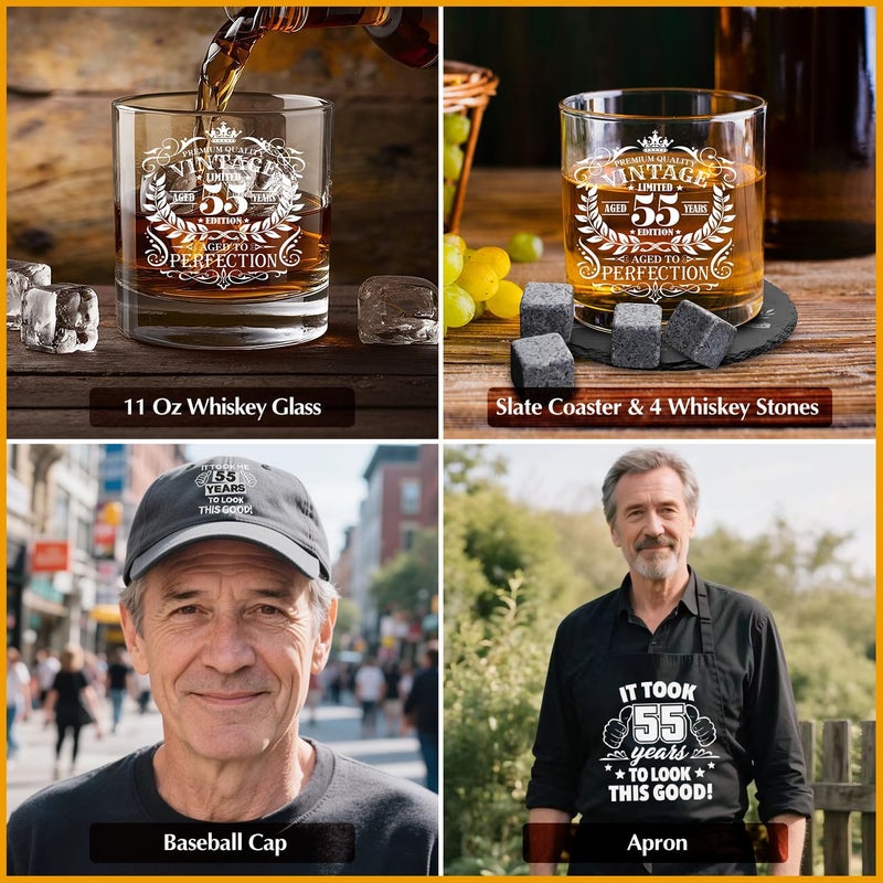 NVTROVI 55th Birthday Gifts for Men Whiskey Glass Set, 55th Birthday Party Supplies with 11 Oz Whiskey Glass Coaster Stone Baseball Cap Apron Sock Funny Toilet Paper Keychain for Him, Dad, Husband, Friends - Image 5