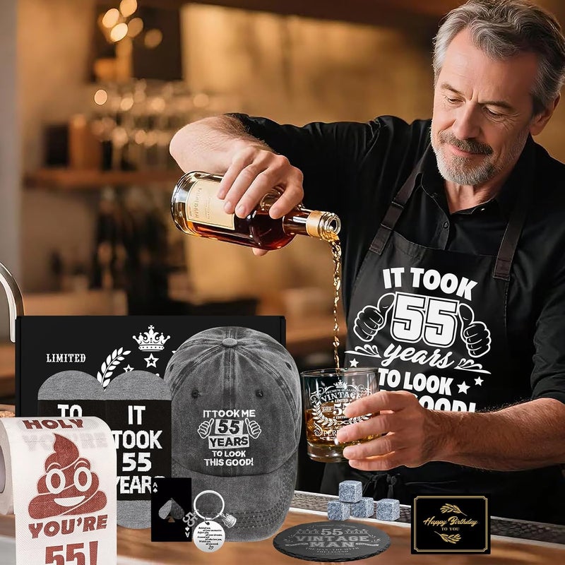 NVTROVI 55th Birthday Gifts for Men Whiskey Glass Set, 55th Birthday Party Supplies with 11 Oz Whiskey Glass Coaster Stone Baseball Cap Apron Sock Funny Toilet Paper Keychain for Him, Dad, Husband, Friends - Image 2
