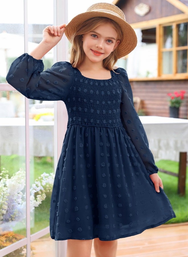 HOSIKA Girls Long Sleeve Dress Swiss Dot Square Neck Smocked Fall Dresses with Pockets 6-12 Years, Navy Blue, 10 Years - Image 2