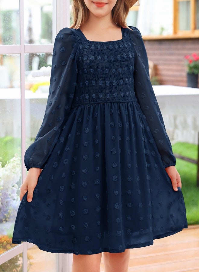 HOSIKA Girls Long Sleeve Dress Swiss Dot Square Neck Smocked Fall Dresses with Pockets 6-12 Years, Navy Blue, 10 Years - Image 3
