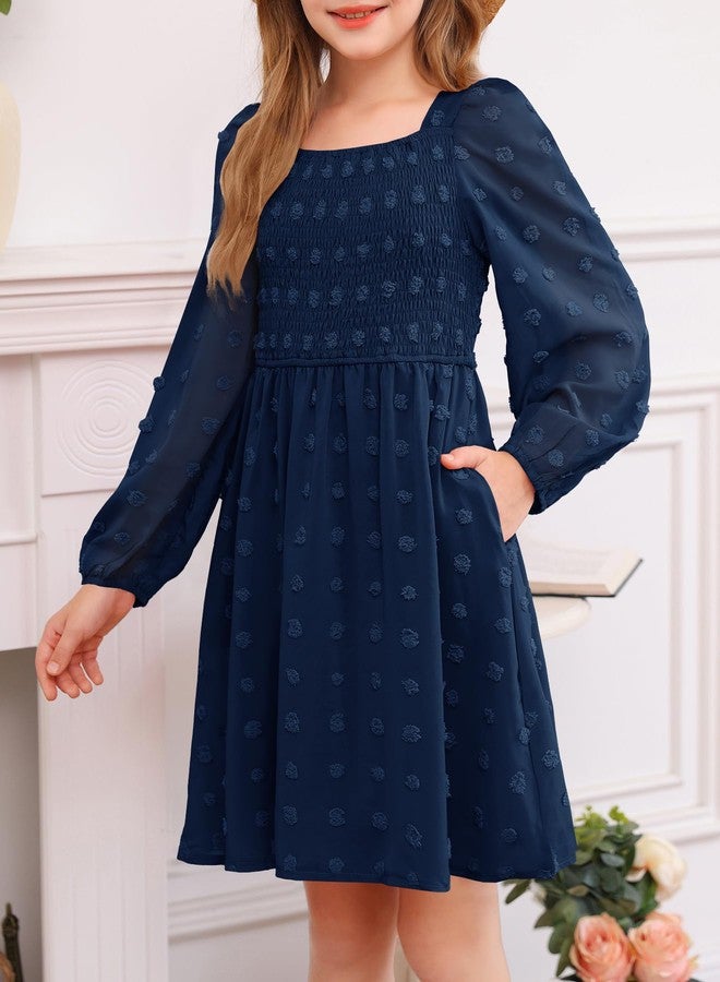 HOSIKA Girls Long Sleeve Dress Swiss Dot Square Neck Smocked Fall Dresses with Pockets 6-12 Years, Navy Blue, 10 Years - Image 5