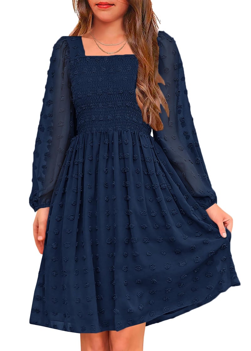 HOSIKA Girls Long Sleeve Dress Swiss Dot Square Neck Smocked Fall Dresses with Pockets 6-12 Years, Navy Blue, 10 Years - Image 1