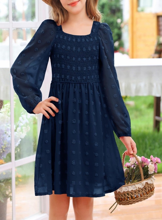 HOSIKA Girls Long Sleeve Dress Swiss Dot Square Neck Smocked Fall Dresses with Pockets 6-12 Years, Navy Blue, 10 Years - Image 4